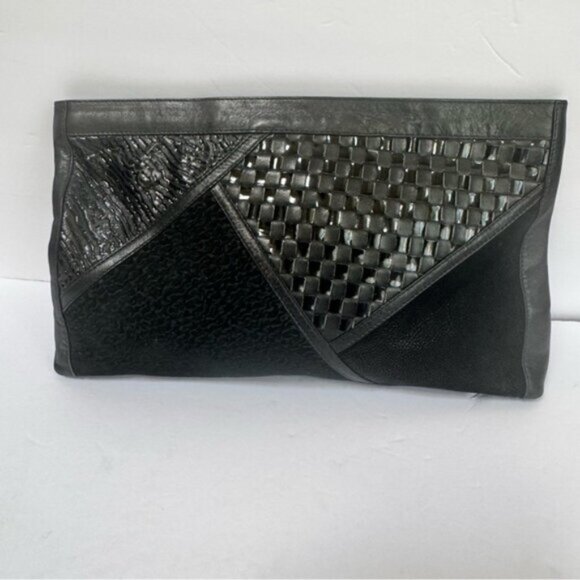 Vintage 80s Intrecciato Leather Suede Woven Large Clutch Bag Zip black Italy Tie - Picture 2 of 16